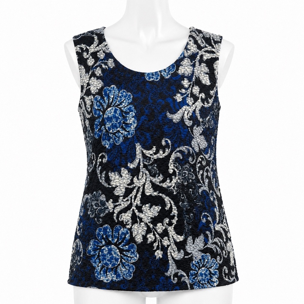 Laura Ashley Baroque Floral Shell Tank M Blue Black Grandmillennial Romantic‎